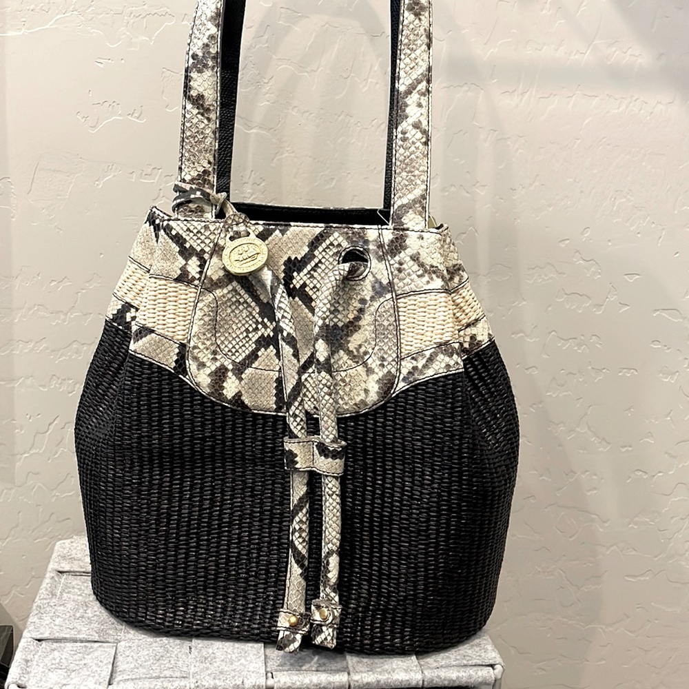 Brahmin Drawstring Bag- Purse Black woven straw and reptile leather… never used